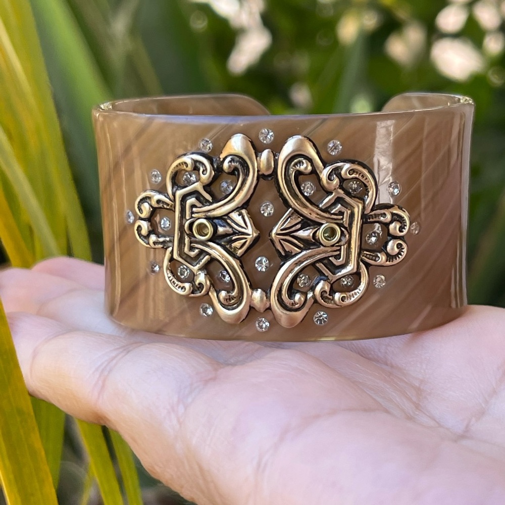 Cellulose acetate brass diamanté crystal wide open cuff bracelet - Picture 6 of 9